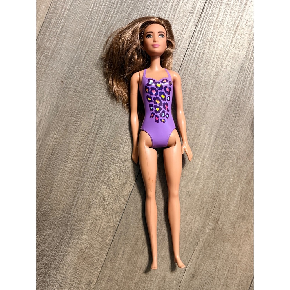Mattel Barbie Doll Purple Leopard Print Molded Swimsuit Brunette FJD98 2016